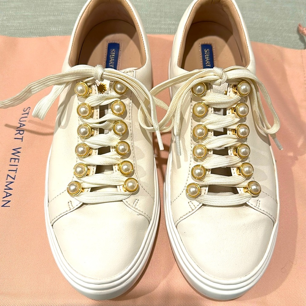 Stuart Weitzman leather with faux pearl sneakers.